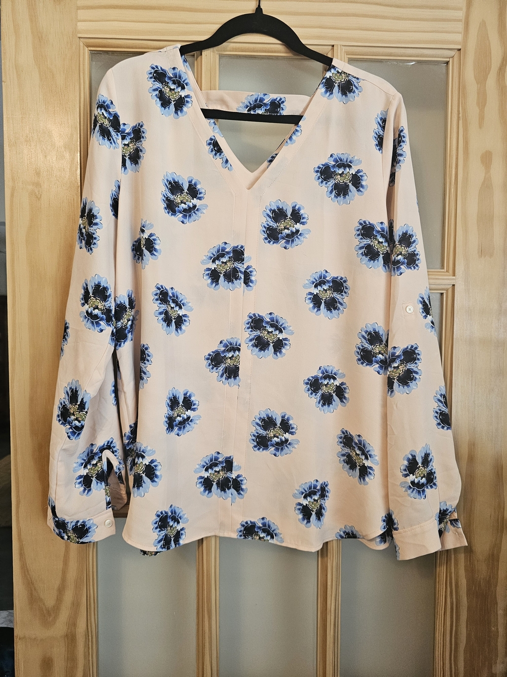 LOFT Light Pink Floral V-Neck Blouse with Blue Flowers